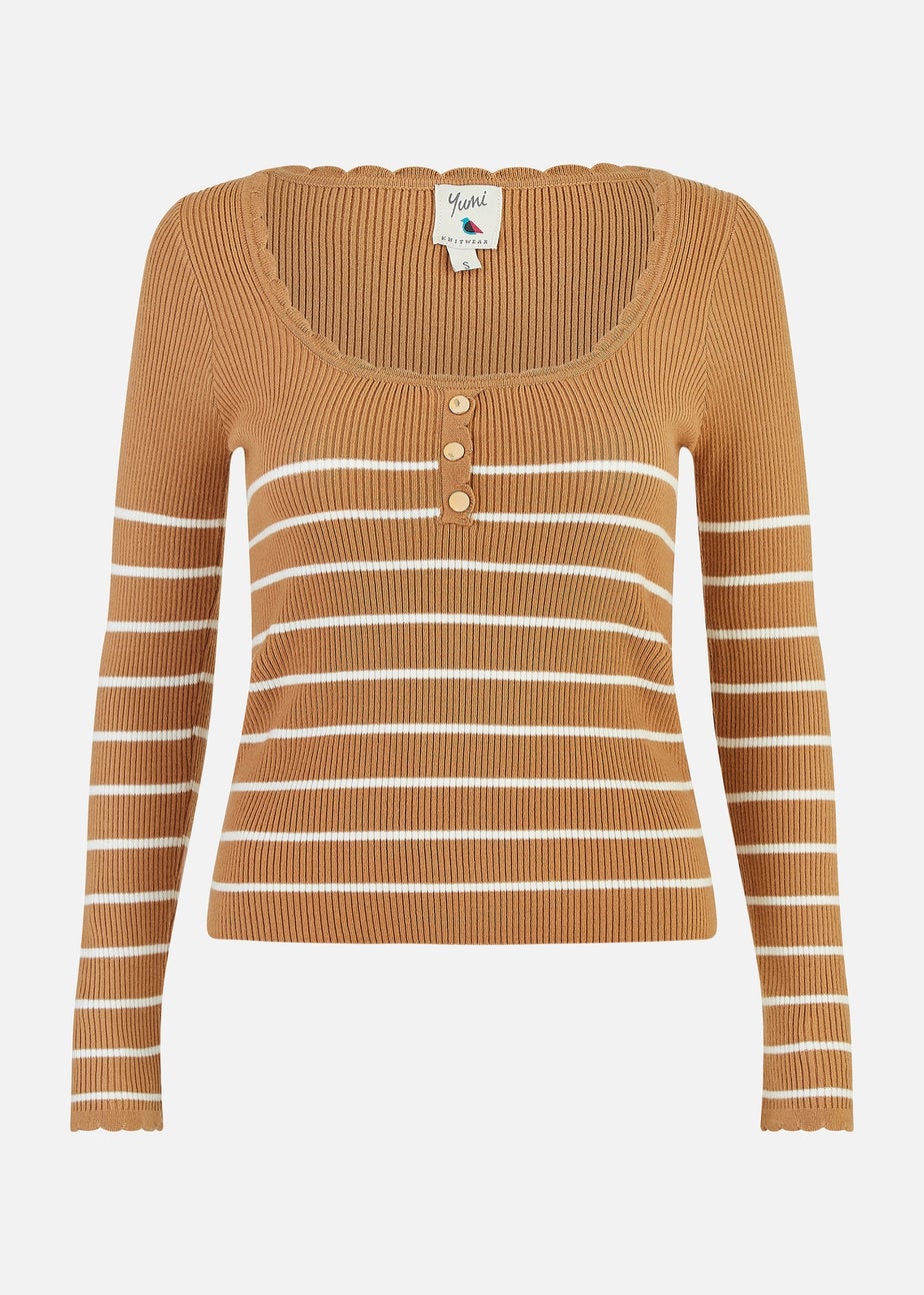 Yumi Brown Stripe Rib Knitted Long Sleeve Top With Button Details