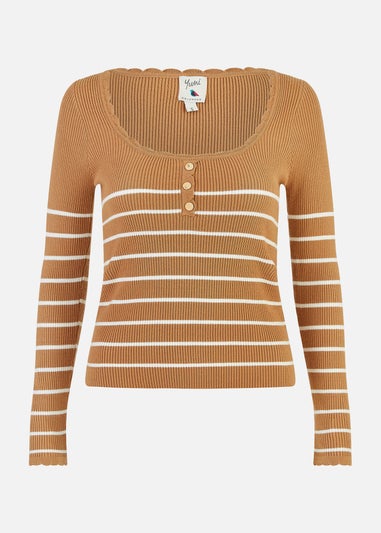 Yumi Brown Stripe Rib Knitted Long Sleeve Top With Button Details