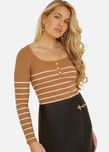 Yumi Brown Stripe Rib Knitted Long Sleeve Top With Button Details