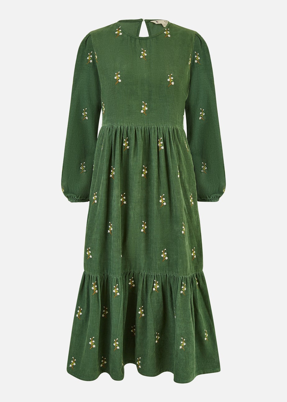 Yumi Green Long Sleeve Midi Dress With Floral Embroidery