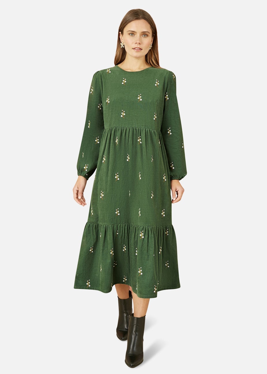 Yumi Green Long Sleeve Midi Dress With Floral Embroidery