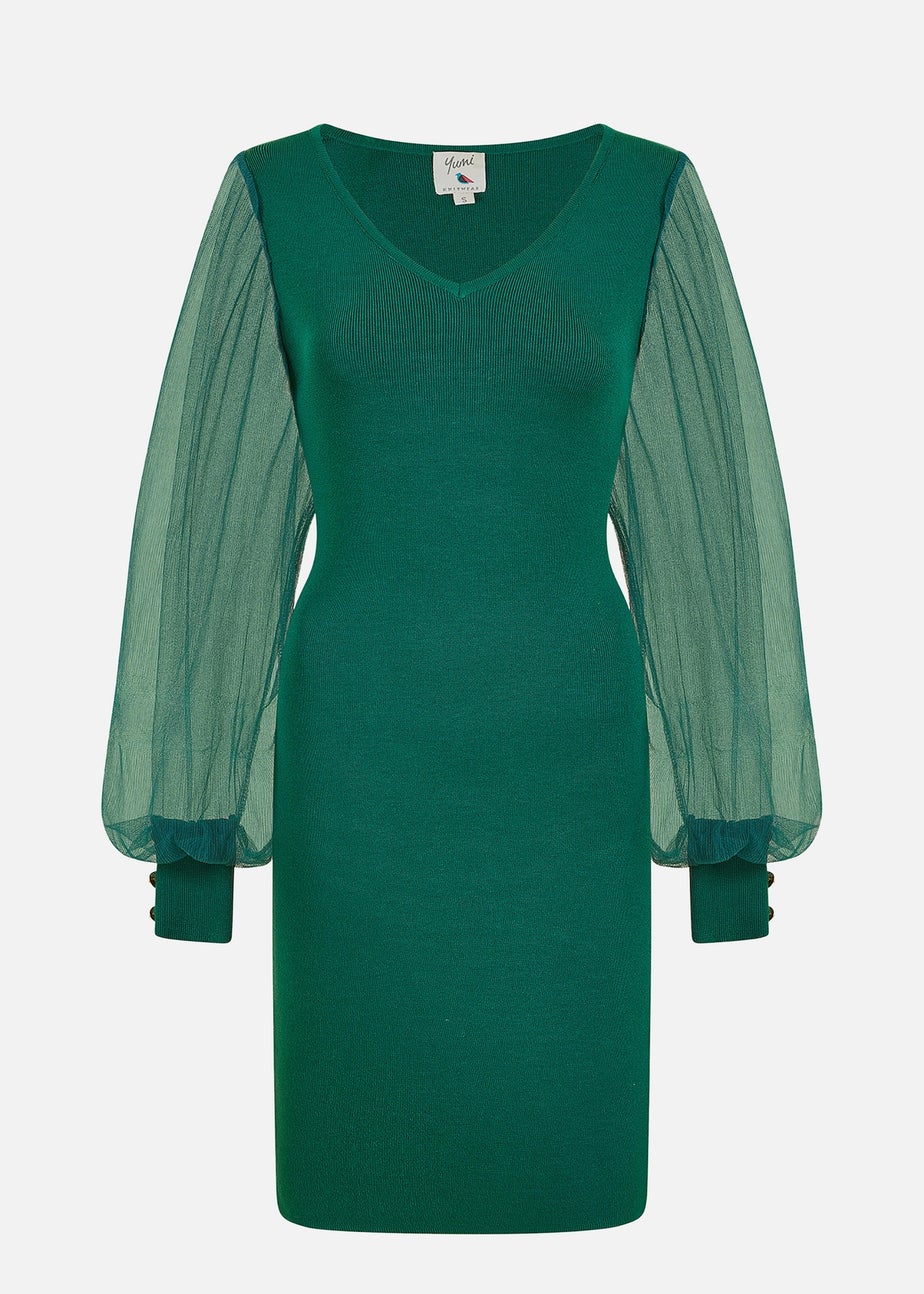 Yumi Green Knitted Body Con Dress With Chiffon Sleeve