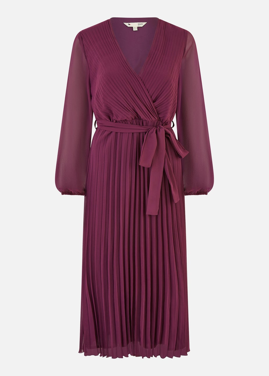 Yumi Plum Pleated Wrap Midi Dress With Sheer Long Sleeves