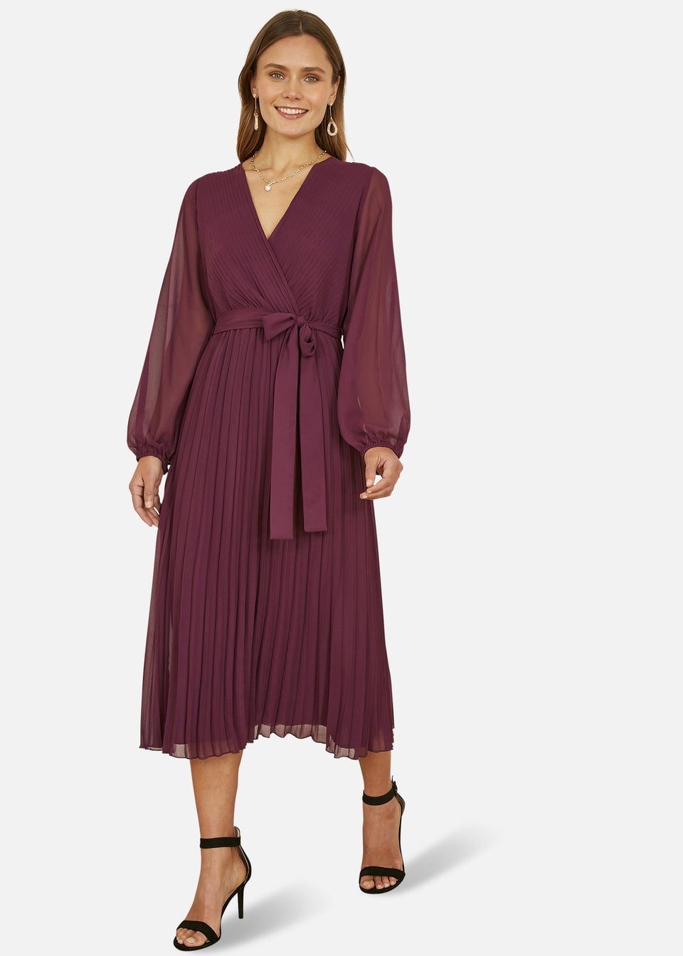 Yumi Plum Pleated Wrap Midi Dress With Sheer Long Sleeves