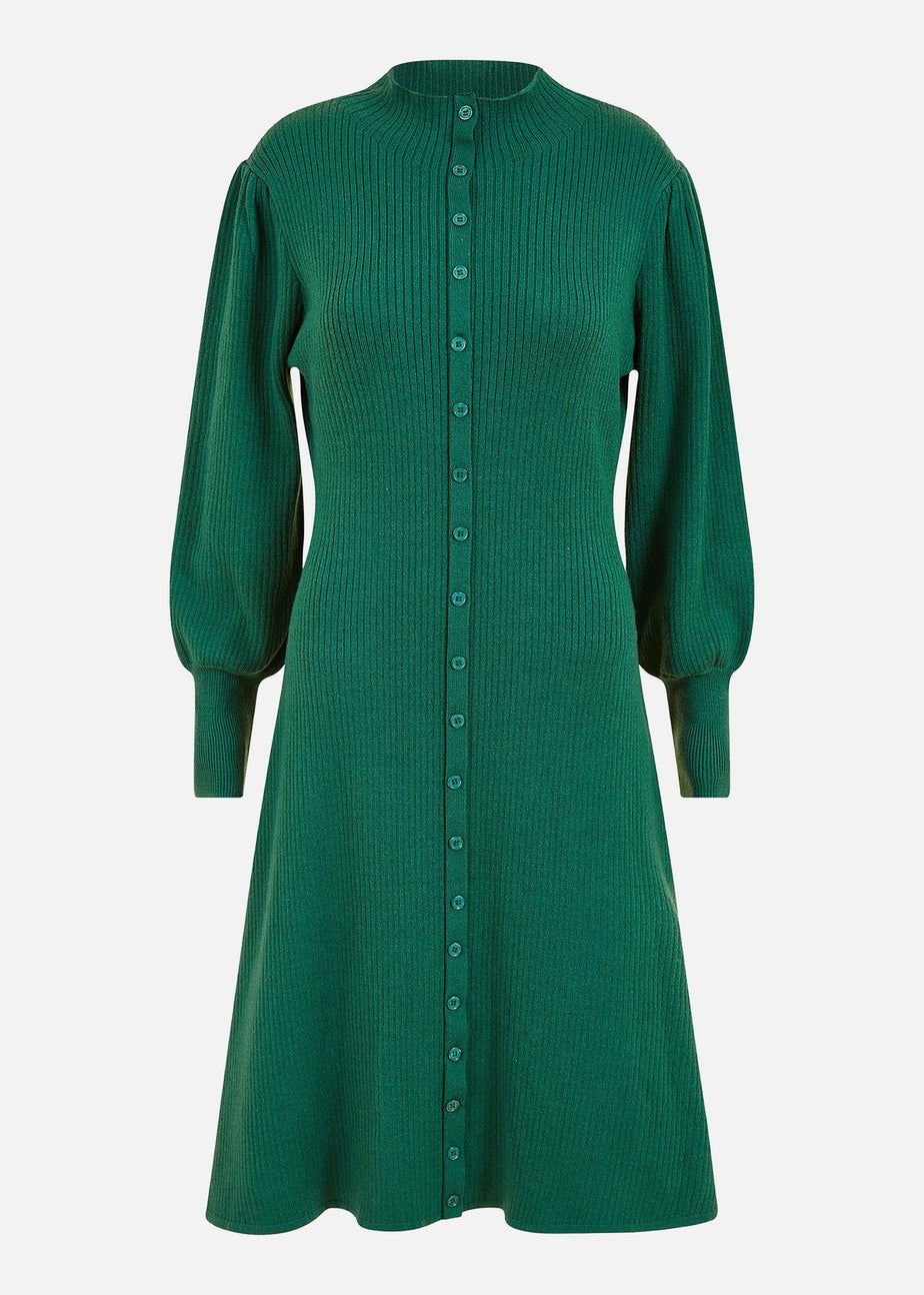 Yumi Green Knitted Button Up Midi Dress With Balloon Sleeves