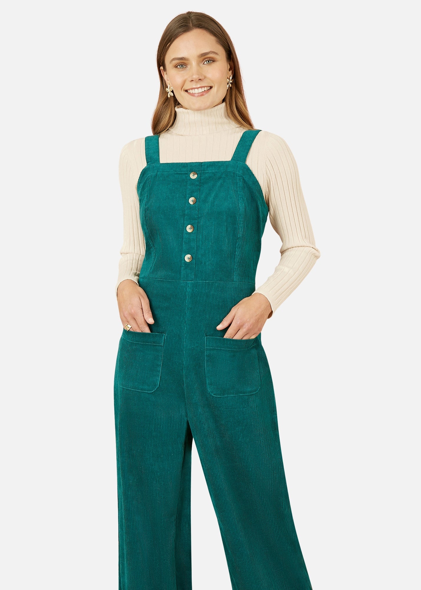 Yumi Teal Cord Stretch Dungaree Style Jumpsuit - Matalan