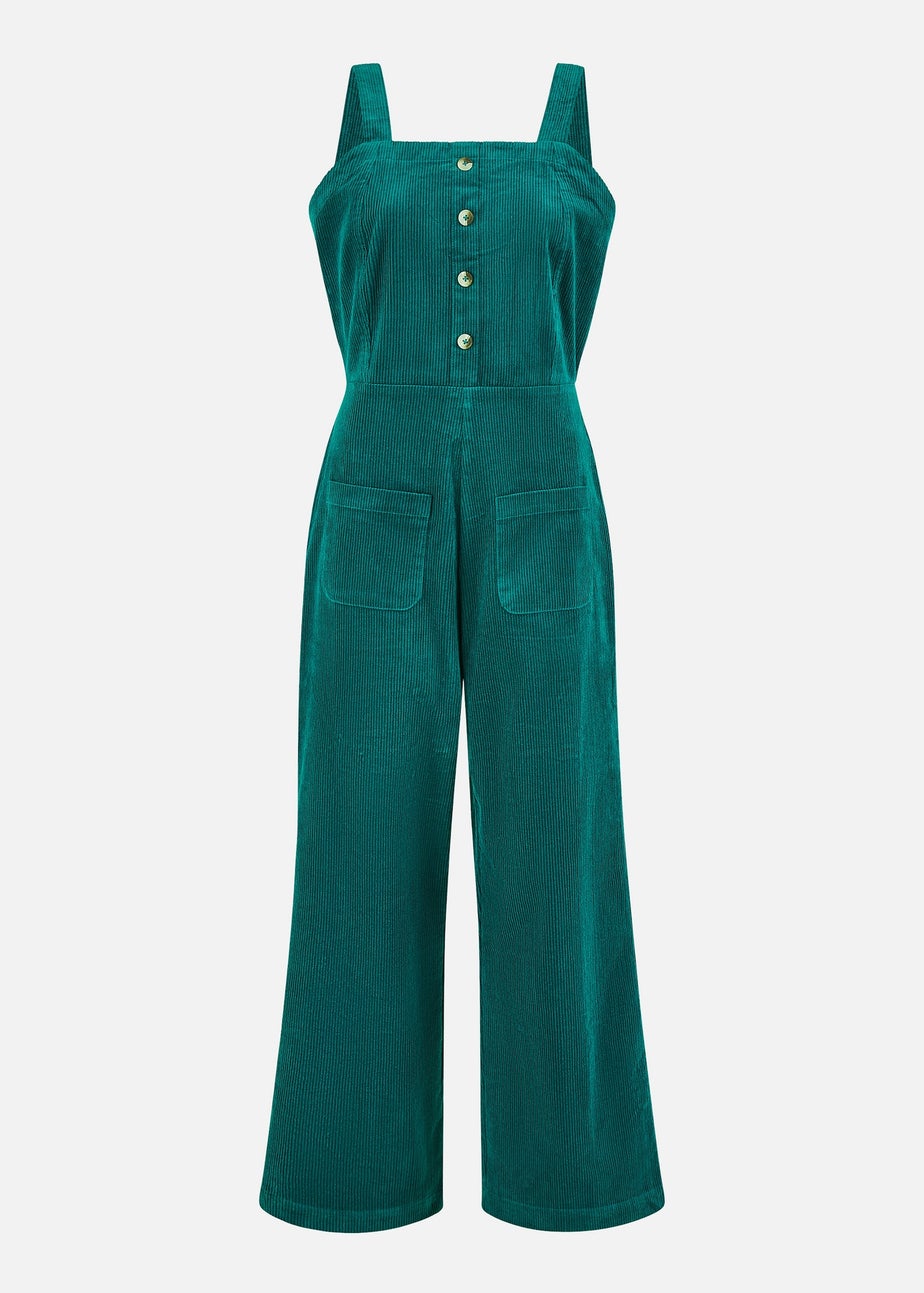 Yumi Teal Cord Stretch Dungaree Style Jumpsuit