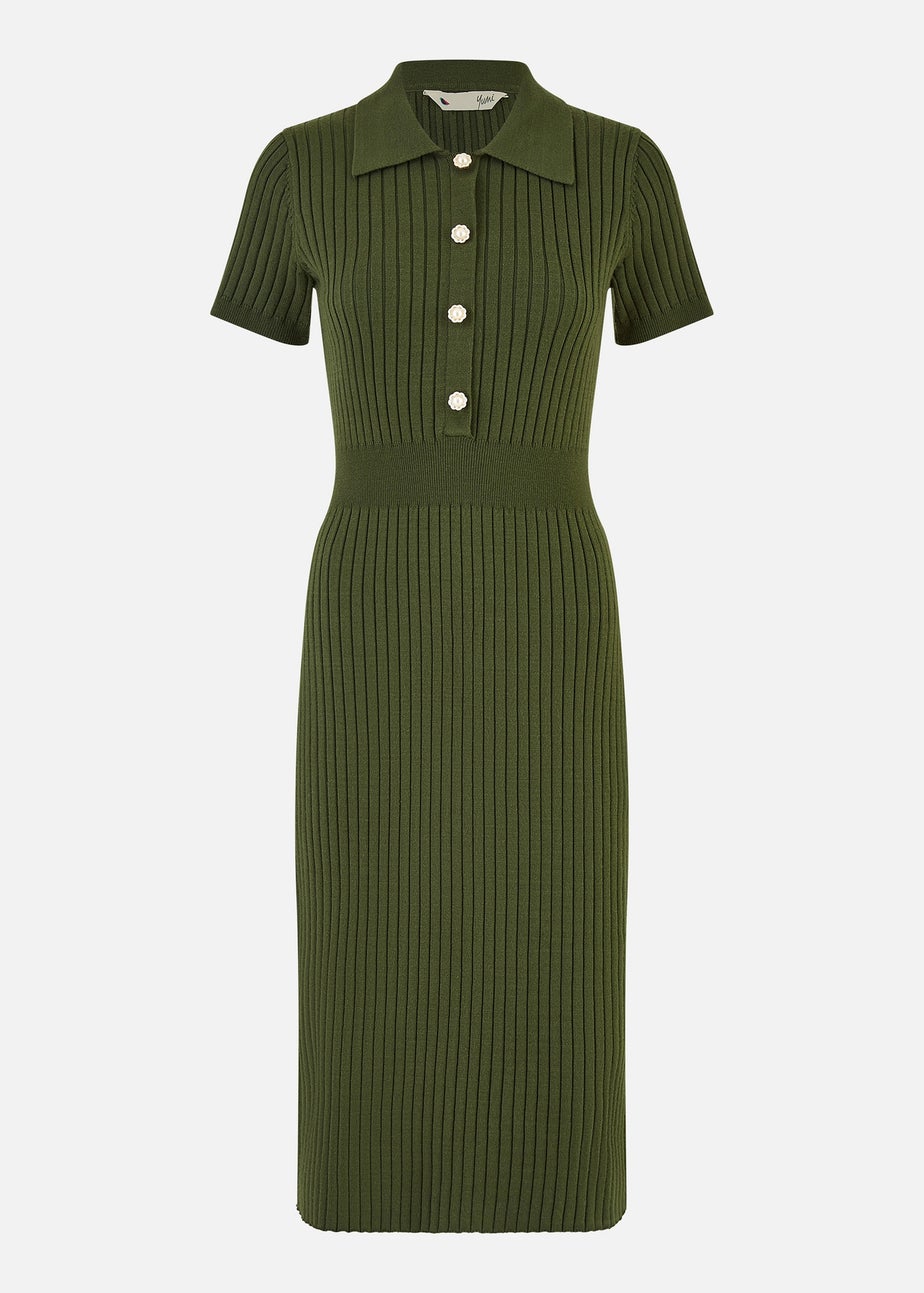 Yumi Green Fitted Rib Knitted Midi Dress With Daisy Buttons