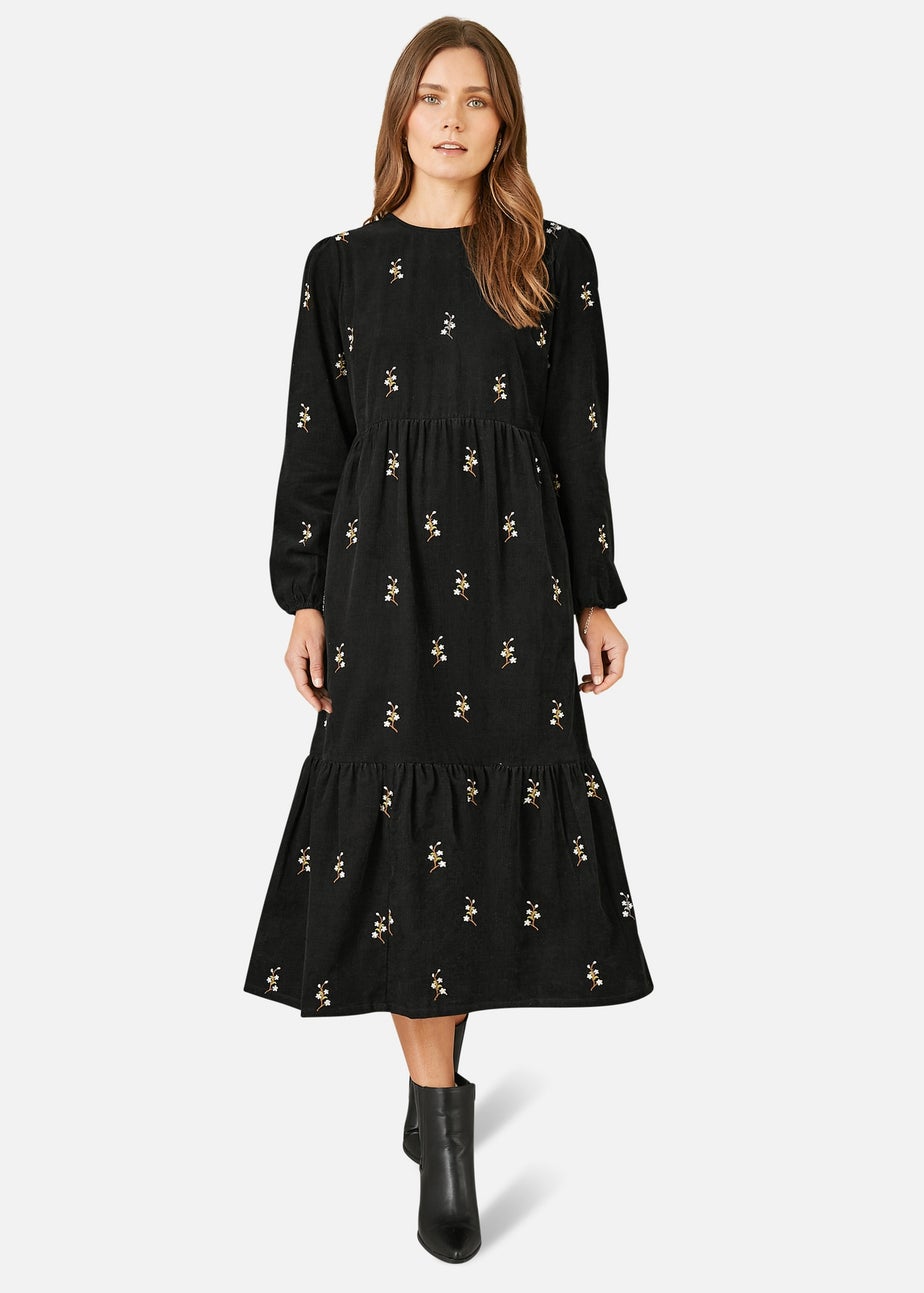 Yumi Black Long Sleeve Midi Dress With Floral Embroidery
