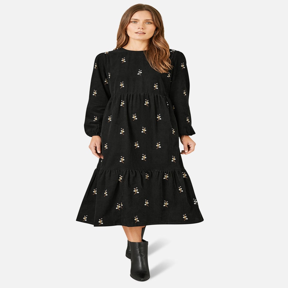 Yumi Black Long Sleeve Midi Dress With Floral Embroidery
