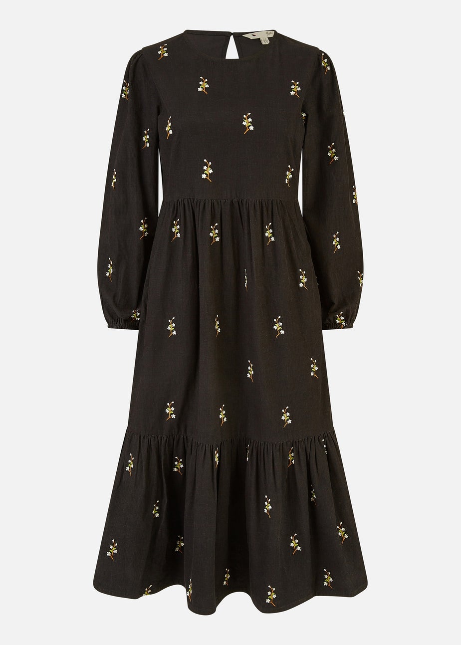 Yumi Black Long Sleeve Midi Dress With Floral Embroidery