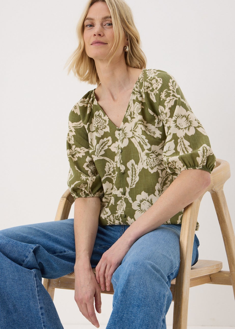 Green Floral V-Neck Tea Top