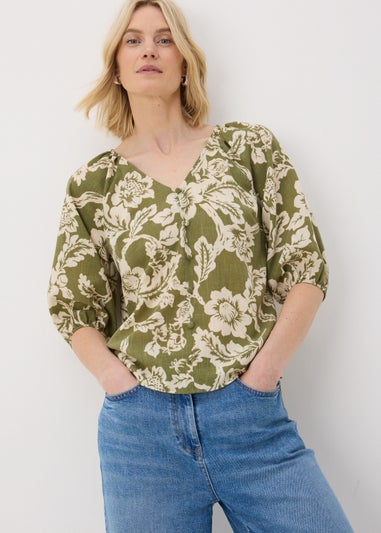 Green Floral V-Neck Tea Top