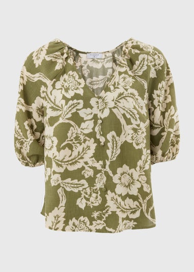 Green Floral V-Neck Tea Top