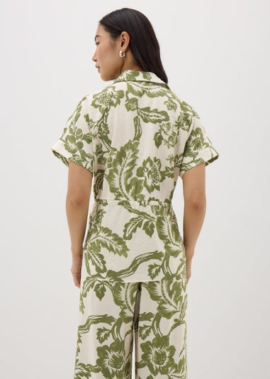 Sage Green Floral Print Tie Waist Longline Shirt