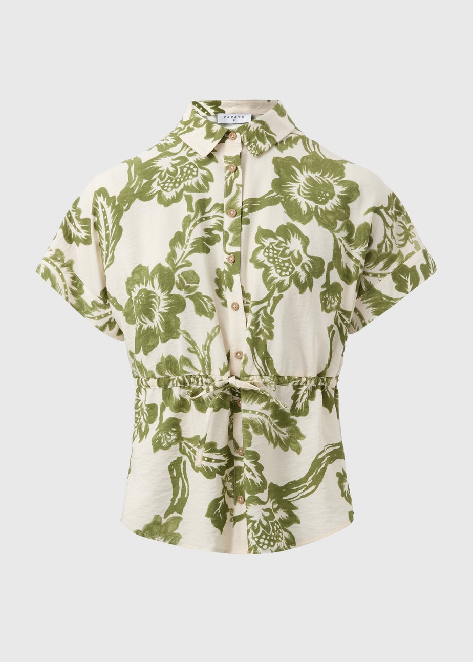 Sage Green Floral Print Tie Waist Longline Shirt