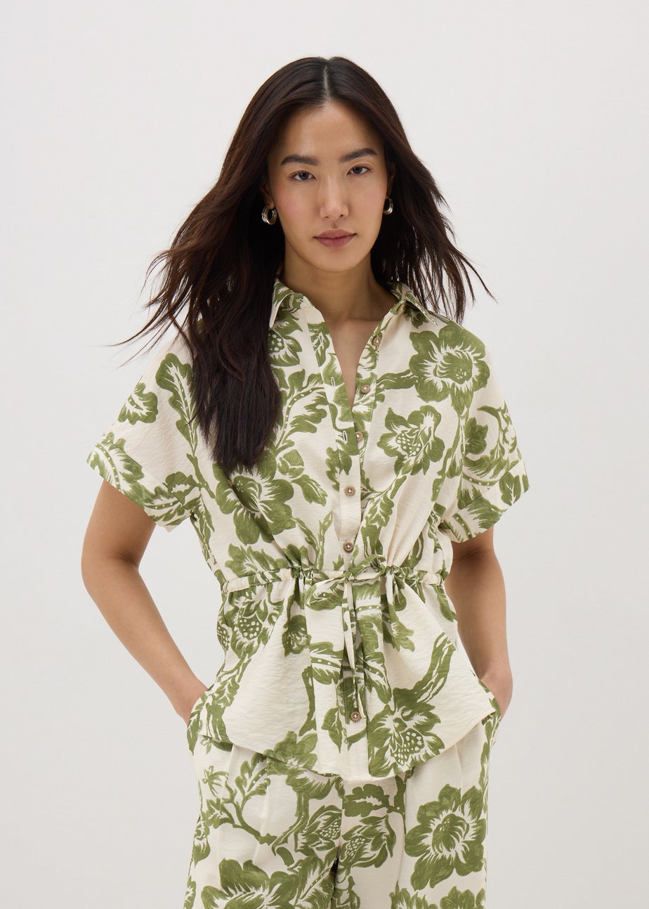 Sage Green Floral Print Tie Waist Longline Shirt