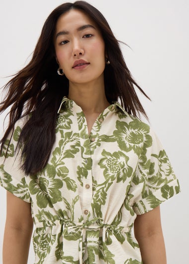 Sage Green Floral Print Tie Waist Longline Shirt