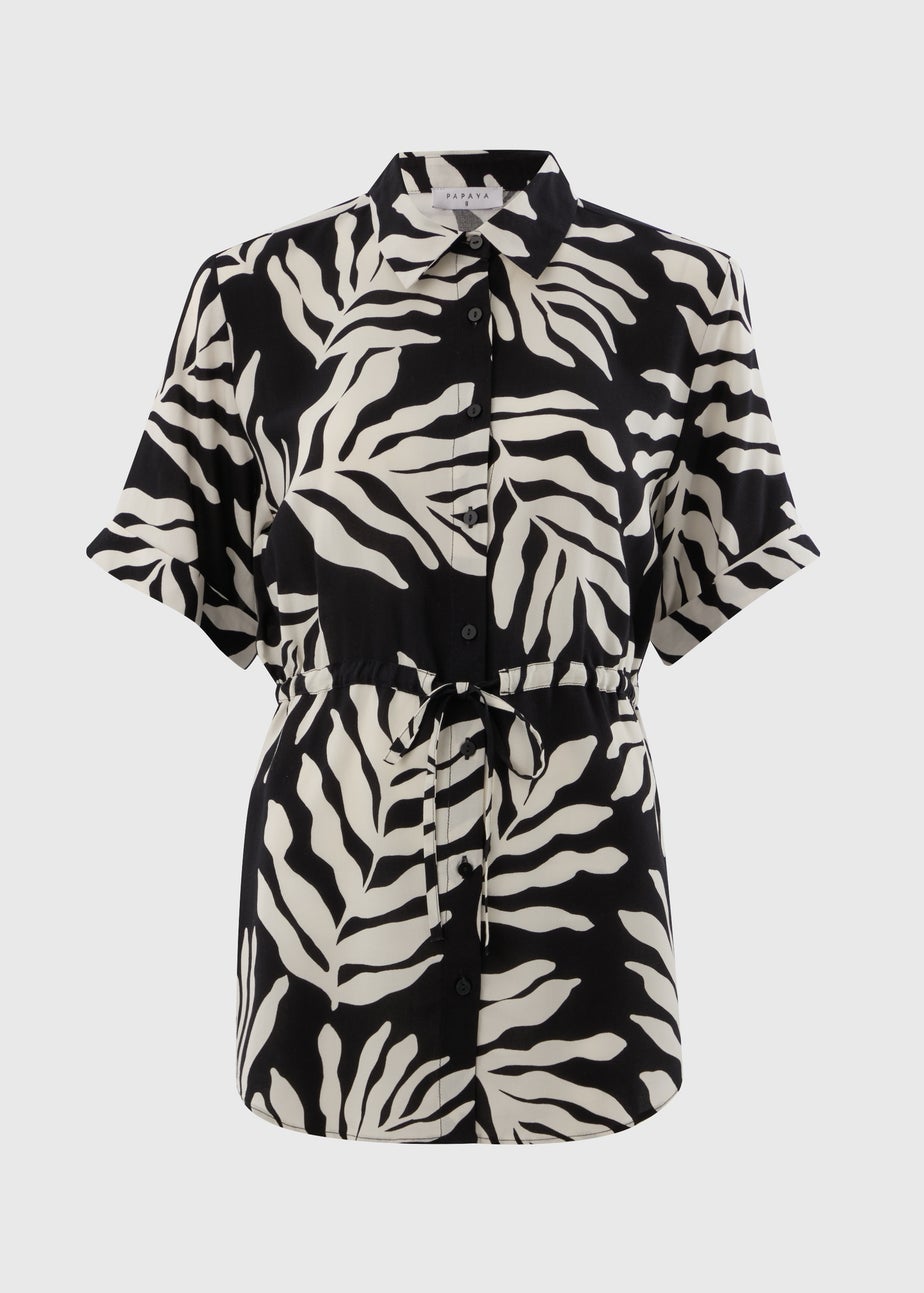 Black Monochrome Leaf Tie Waist Longline Shirt