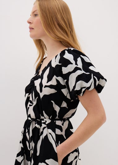 Black Monochrome Leaf Tie Waist Mini Dress.