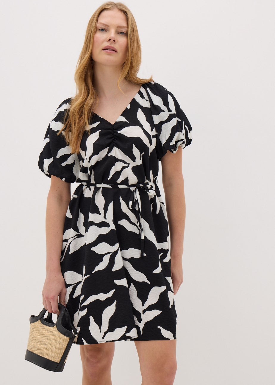 Black Monochrome Leaf Tie Waist Mini Dress.