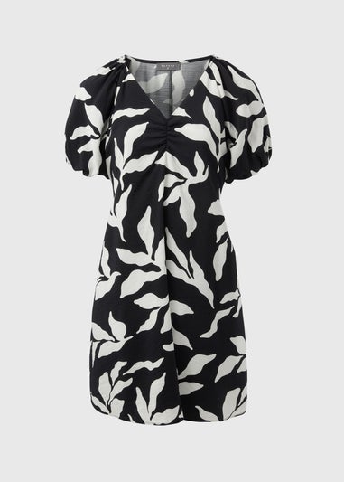 Black Monochrome Leaf Tie Waist Mini Dress.