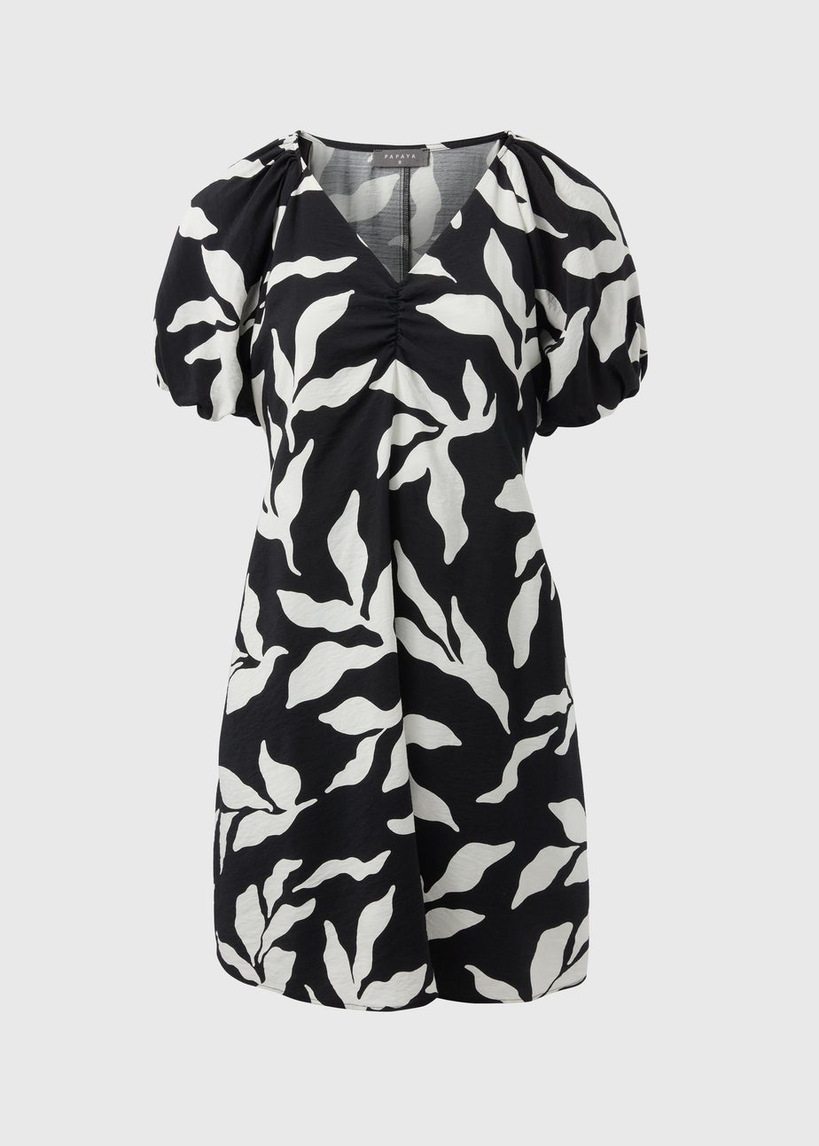 Black Monochrome Leaf Tie Waist Mini Dress.