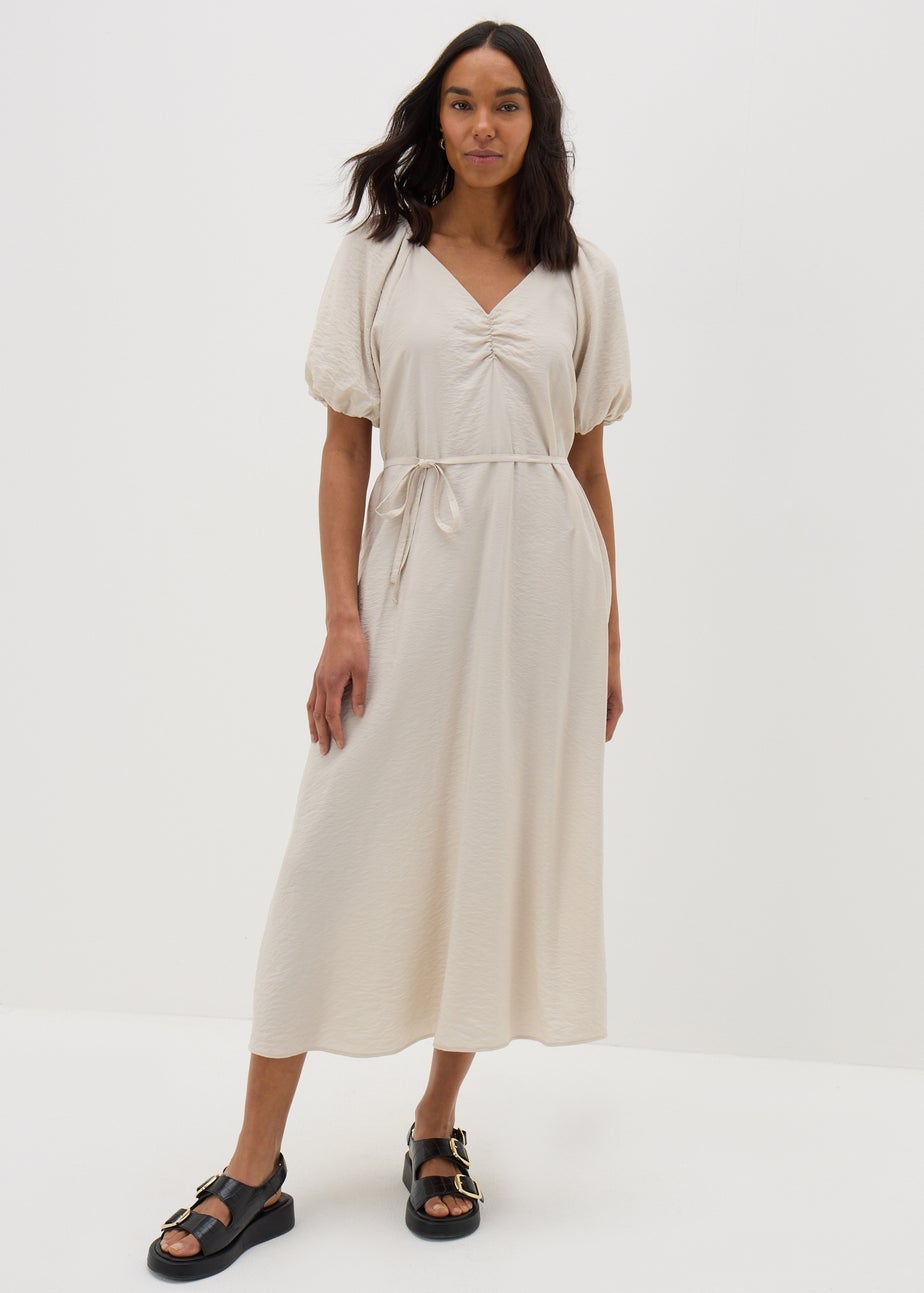 Stone Puff Sleeve Tie Waist Midi Dress