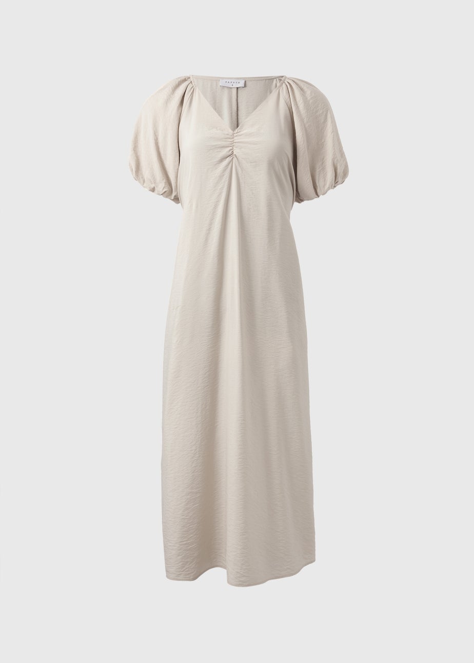 Stone Puff Sleeve Tie Waist Midi Dress