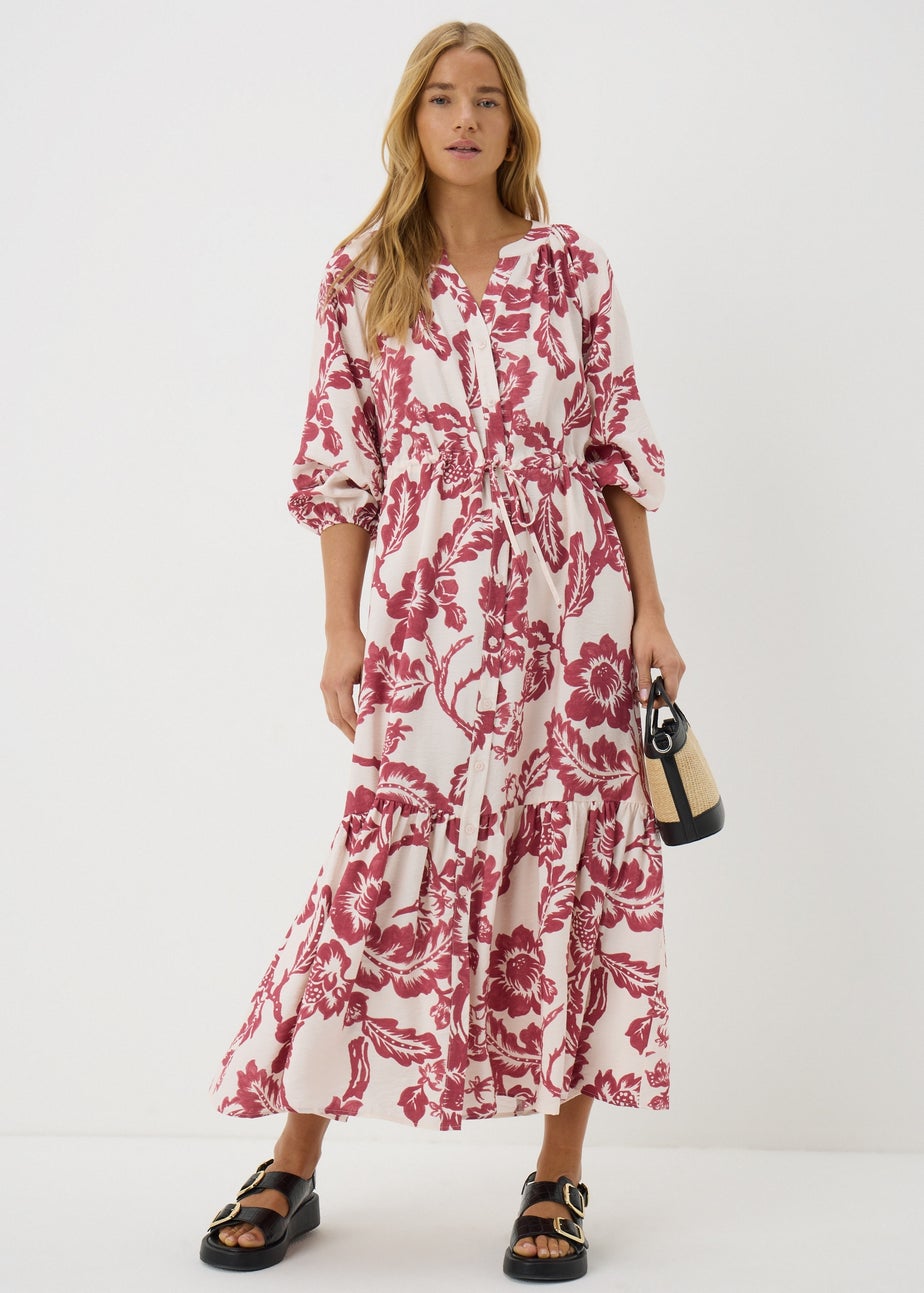 Pink Floral Raglan Midi Shirt Dress