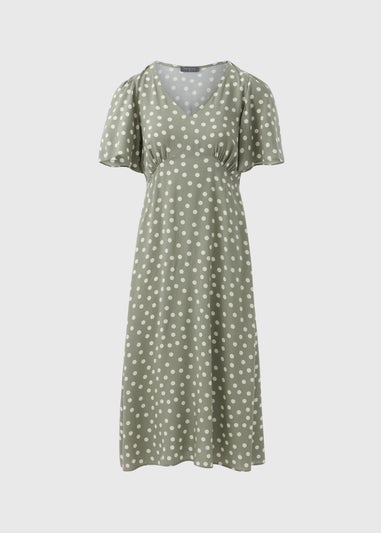 Green Spot Print Midi Tea Dress