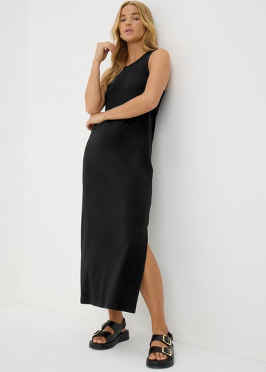 Black Racer Back Ribbed Midi Dress