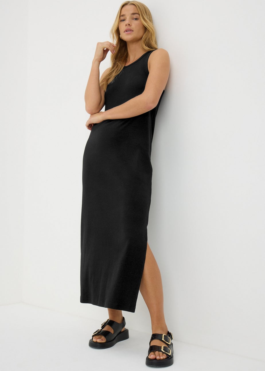 Black Racer Back Ribbed Midi Dress