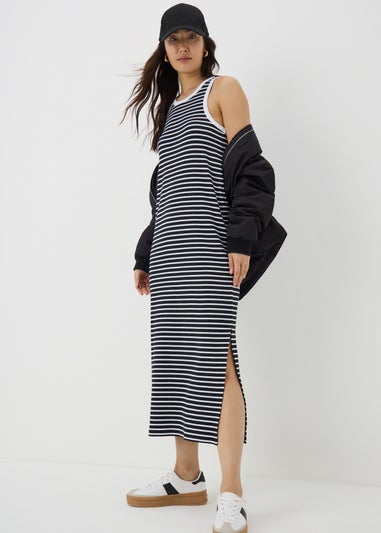 Black Stripe Racer Back Ribbed Midi Dress