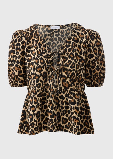 Brown Animal Print Textured Tie Front Top