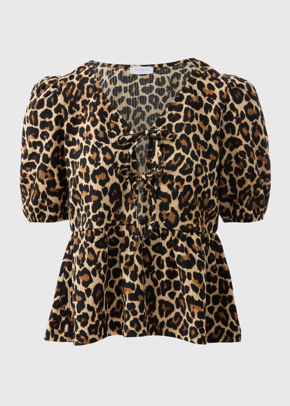 Brown Animal Print Textured Tie Front Top