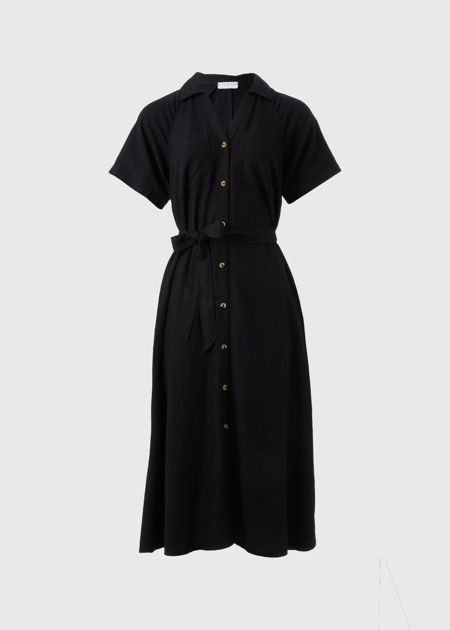 Black Linen Blend Midi Shirt Dress