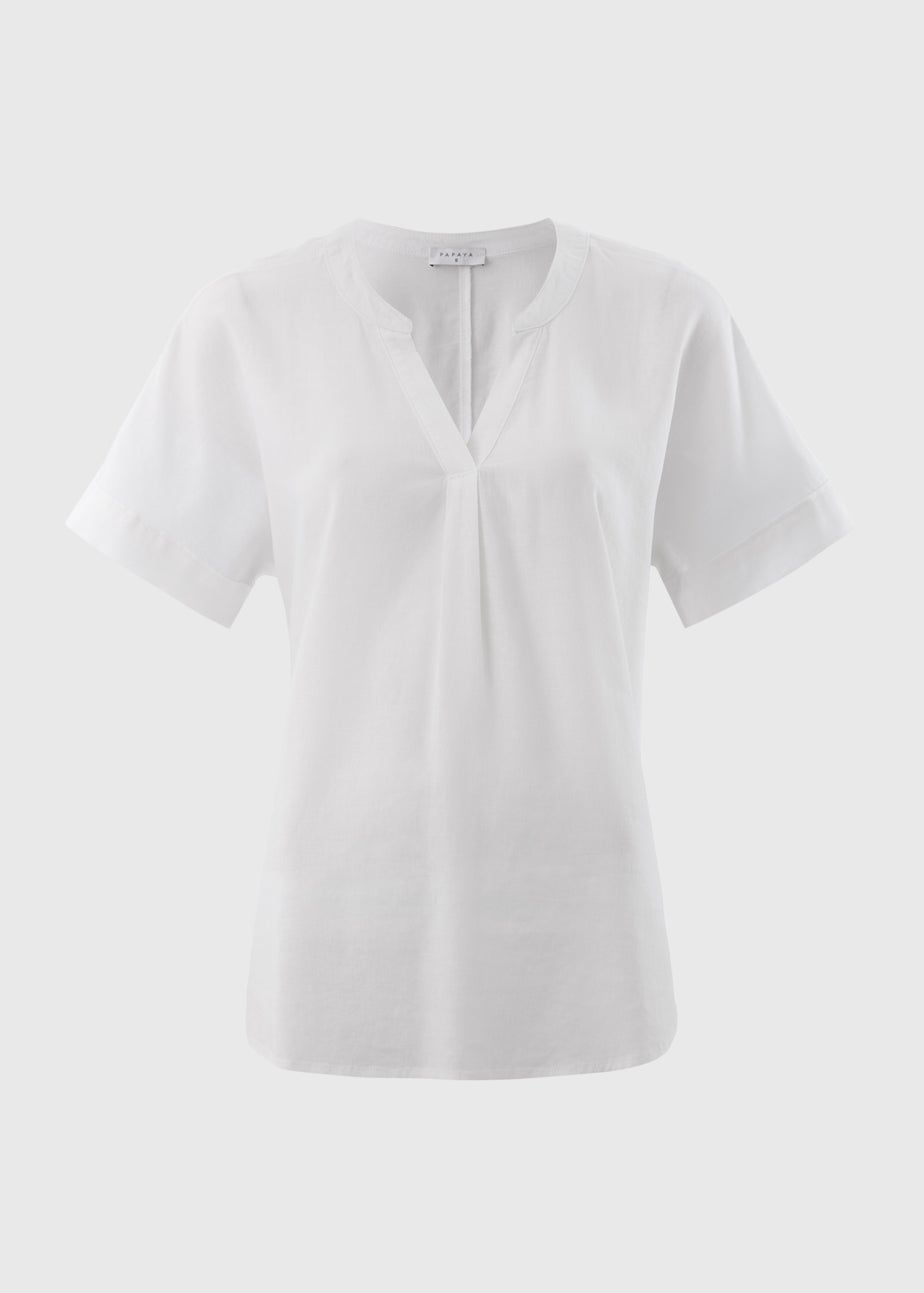 White Linen Blend V-Neck Top