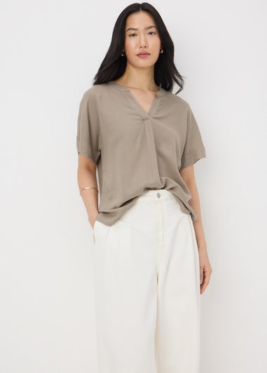 Taupe Linen Blend V-Neck Top