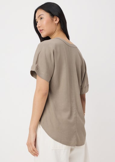 Taupe Linen Blend V-Neck Top