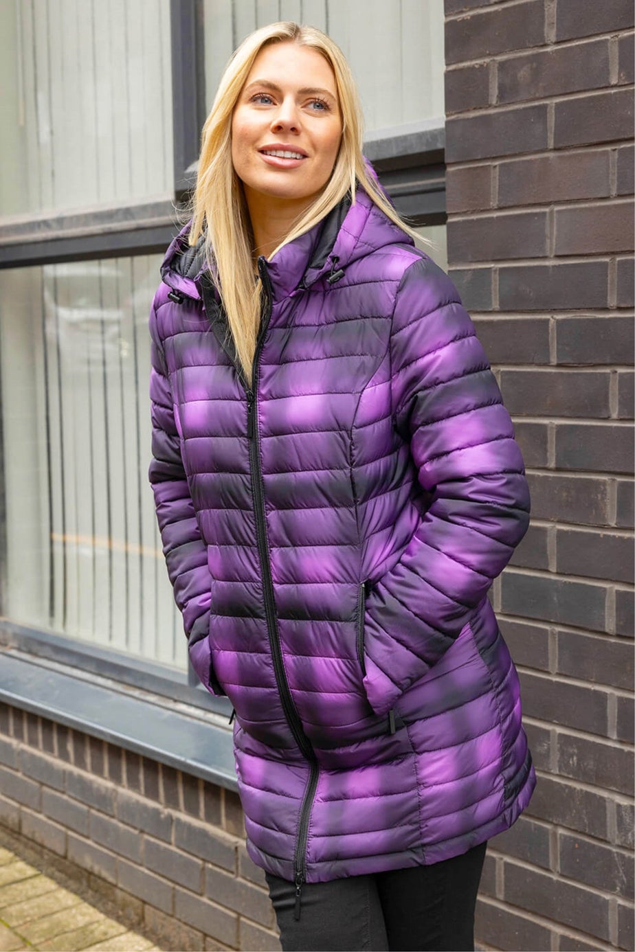 Roman Purple Check Print Quilted Puffer Coat