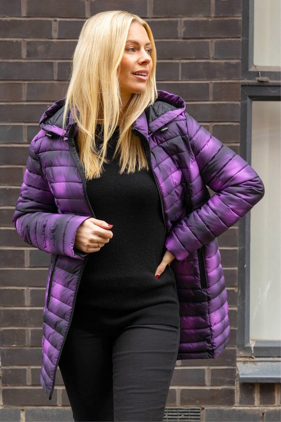 Roman Purple Check Print Quilted Puffer Coat