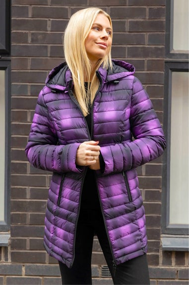 Roman Purple Check Print Quilted Puffer Coat