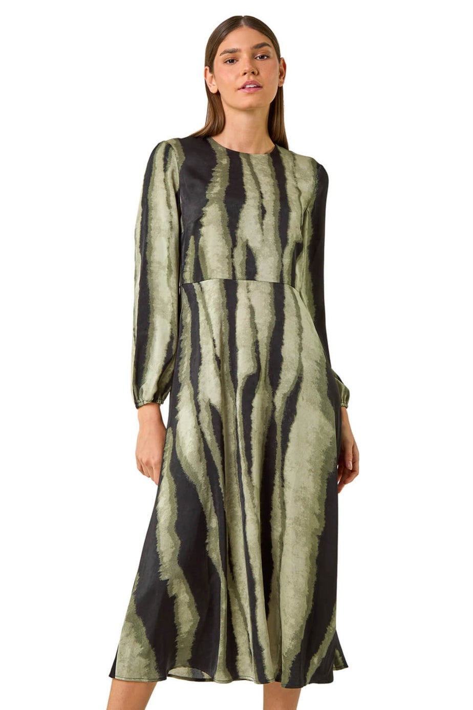 Roman Khaki Shadow Stripe Print Midi Dress