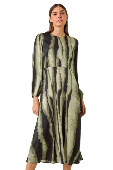Roman Khaki Shadow Stripe Print Midi Dress