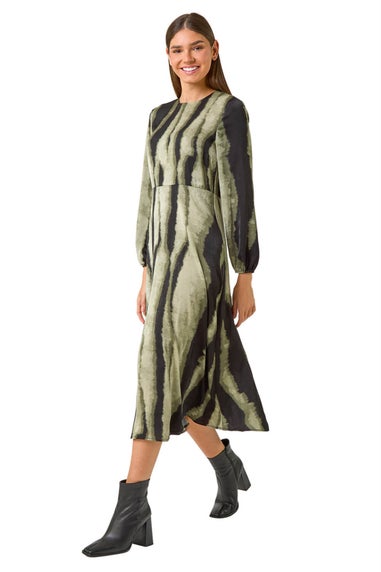 Roman Khaki Shadow Stripe Print Midi Dress