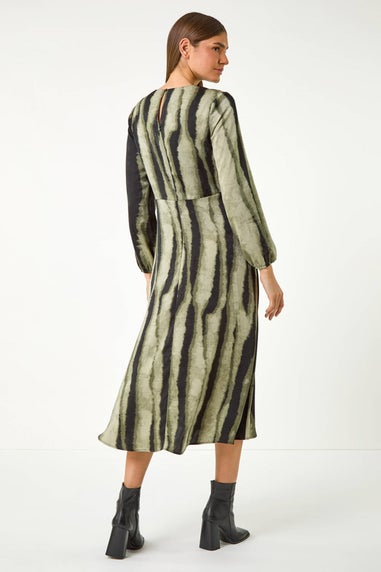 Roman Khaki Shadow Stripe Print Midi Dress