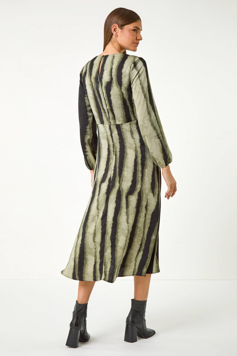 Roman Khaki Shadow Stripe Print Midi Dress