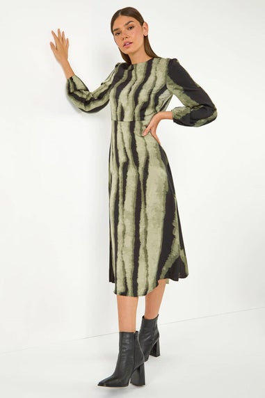 Roman Khaki Shadow Stripe Print Midi Dress
