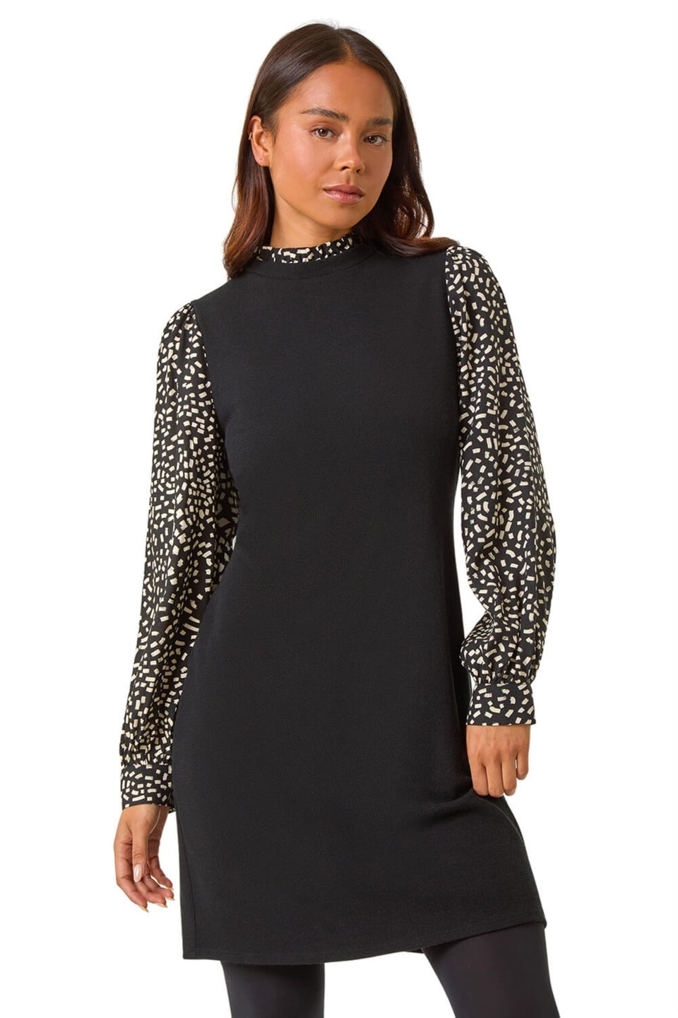 Roman Black Petite Contrast Frill Neck Stretch Dress